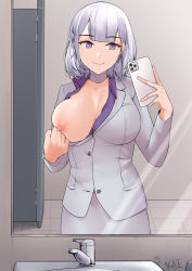 Rule 34 | 1girl, absurdres, breasts, business suit, cellphone, formal, girls&#039; frontline, highres, holding, holding phone, indoors, kaicchi, large breasts, mirror, nipples, office lady, one breast out, phone, purple eyes, rpk-16 (girls&#039; frontline), rpk-16 (renate) (girls&#039; frontline), selfie, short hair, silver hair, skirt, skirt suit, smartphone, smile, solo, suit
