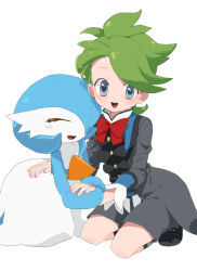 Rule 34 | 1boy, :d, alternate color, black footwear, bow, bowtie, commentary request, creatures (company), game freak, gardevoir, gen 3 pokemon, green hair, grey eyes, grey jacket, grey shorts, happy, highres, jacket, kneeling, long sleeves, looking at viewer, male focus, miyawaki, nintendo, official alternate costume, open mouth, pokemon, pokemon (creature), pokemon masters ex, red bow, red bowtie, shiny pokemon, shirt, shoes, short hair, shorts, smile, swept bangs, tailcoat, teeth, tongue, upper teeth only, wally (pokemon), wally (sygna suit) (pokemon), white background, white shirt