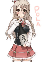 Rule 34 | 1girl, between breasts, bodice, bottle, bow, bowtie, breasts, brown eyes, character name, grey hair, hair between eyes, hat, kantai collection, kujira naoto, medium breasts, mini hat, miniskirt, pola (kancolle), red bow, red bowtie, red skirt, shirt, simple background, skirt, solo, thighhighs, tilted headwear, wavy hair, white background, white shirt, white thighhighs, wine bottle