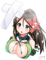 Rule 34 | 10s, 1girl, amagi (kancolle), breasts, brown eyes, brown hair, cleavage, cleavage cutout, clothing cutout, female focus, flower, hair flower, hair ornament, kantai collection, large breasts, long hair, mole, mole under eye, off shoulder, open mouth, ponytail, shikigami, simple background, solo, yuuki hb