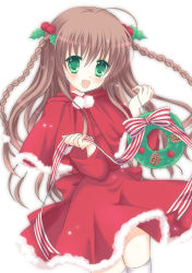Rule 34 | 10s, 1girl, :d, bad id, bad pixiv id, braid, brown hair, christmas, christmas ornaments, christmas wreath, green eyes, hair ornament, holding, kanbe kotori, key (company), long hair, looking at viewer, mana (10221125), open mouth, rewrite, smile, solo, thighhighs, twin braids, white thighhighs, wreath, zettai ryouiki