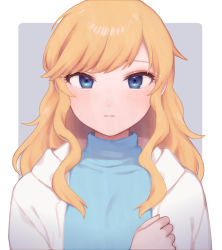 Rule 34 | 1girl, blonde hair, blue eyes, blue shirt, blush, chiyoko (tykchiyo), commentary request, face, grey background, highres, idolmaster, idolmaster cinderella girls, jacket, looking at viewer, ohtsuki yui, parted lips, shirt, simple background, solo, teeth, wavy hair, white background, white jacket