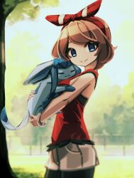 Rule 34 | 1girl, black shorts, blue eyes, bow, bracelet, brown hair, creatures (company), from side, game freak, gen 4 pokemon, glaceon, hair bow, holding, holding pokemon, jewelry, looking at viewer, makaroll, may (pokemon), nintendo, outdoors, pokemon, pokemon (creature), pokemon oras, red shirt, shirt, shorts, shorts under shorts, sleeveless, sleeveless shirt, smile, split mouth, tree, white shorts