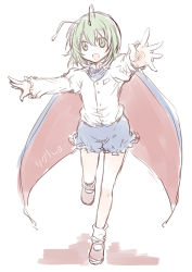 Rule 34 | 1girl, antennae, cape, green eyes, green hair, matching hair/eyes, monrooru, open hand, open mouth, outstretched arms, shorts, simple background, sketch, solo, touhou, wriggle nightbug