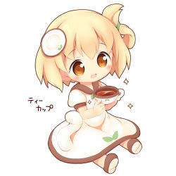 Rule 34 | 1girl, :d, aikei ake, blonde hair, blush, brown eyes, brown footwear, chibi, collared dress, cup, dress, full body, hair between eyes, hair ornament, highres, holding, holding cup, one side up, open mouth, original, personification, puffy short sleeves, puffy sleeves, saucer, shoe soles, shoes, short sleeves, simple background, sitting, smile, solo, sparkle, teacup, translation request, white background, white dress