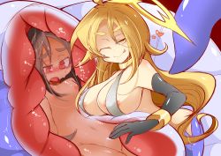 Rule 34 | 2girls, absurdres, areola slip, black hair, blonde hair, breasts, elbow gloves, female focus, flat chest, gloves, heart, highres, lamia, large breasts, long hair, mizuki (lv43), monster girl, multiple girls, nude, one eye closed, open mouth, original, smile, vore, wet, x-ray
