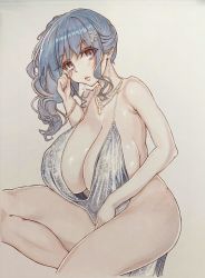 Rule 34 | 1girl, absurdres, armpits, azur lane, backless dress, backless outfit, bare shoulders, blue hair, blue nails, bracelet, breasts, cleavage, code 01 ado, dress, earrings, evening gown, finger to cheek, grey dress, hair ornament, hairclip, halter dress, halterneck, highres, huge breasts, jewelry, looking at viewer, nail polish, necklace, no panties, pink eyes, plunging neckline, revealing clothes, side ponytail, sideboob, sidelocks, silver dress, sitting, st. louis (azur lane), st. louis (luxurious wheels) (azur lane), thick thighs, thighs, traditional media