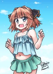 Rule 34 | 1girl, alternate costume, arimura yuu, black ribbon, blue eyes, blue sky, brown hair, camisole, cloud, dated, dress, fang, green camisole, green skirt, hachijou (kancolle), hair ribbon, highres, kantai collection, one-hour drawing challenge, open mouth, pleated dress, ribbon, short hair, signature, skin fang, skirt, sky, smile, solo