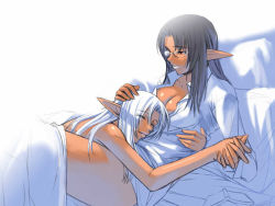 Rule 34 | 00s, 2girls, couple, dark-skinned female, dark skin, elf, elvaan, final fantasy, final fantasy xi, glasses, hand on another&#039;s head, holding hands, interlocked fingers, multiple girls, open clothes, open shirt, parted bangs, pointy ears, shirt, white background, yuri