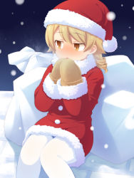 Rule 34 | 1girl, bad id, bad pixiv id, blush, breath, breathing on hands, brown eyes, brown mittens, commentary request, dress, fur-trimmed dress, fur-trimmed headwear, fur-trimmed sleeves, fur trim, hair between eyes, hands up, hat, highres, idolmaster, idolmaster cinderella girls, light brown hair, long hair, looking away, looking to the side, mittens, morikubo nono, nose blush, pantyhose, parted lips, red dress, red hat, ringlets, sack, santa costume, santa hat, sitting, snowing, solo, uccow, white pantyhose
