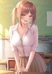 Rule 34 | 1girl, blouse, blush, breasts, brown hair, cleavage, collarbone, collared shirt, highres, large breasts, long hair, long sleeves, looking at viewer, monaka curl, no bra, open mouth, orange eyes, original, shirt, skirt, smile, solo, swept bangs, twintails, white shirt