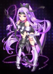 Rule 34 | 1girl, arched back, armor, armored boots, bare shoulders, black bow, black gloves, blush, boots, bow, chain, closed mouth, collar, expressionless, fate/grand order, fate (series), full body, gloves, hair bow, high ponytail, hip vent, holding, holding weapon, leaning forward, light purple hair, long hair, looking at viewer, maitei roppa, medusa (fate), medusa (lancer) (fate), medusa (rider) (fate), navel, purple eyes, rider, scythe, solo, thighhighs, very long hair, weapon, white thighhighs