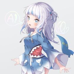 Rule 34 | 1girl, a (phrase), absurdres, blue eyes, blue hair, blue hoodie, breasts, commentary, drawstring, fins, fish tail, gawr gura, gawr gura (1st costume), grey background, grey hair, hair ornament, heart, highres, hololive, hololive english, hood, hood down, hoodie, long sleeves, looking at viewer, multicolored hair, open mouth, ponta (velmar), shark tail, sharp teeth, simple background, small breasts, solo, standing, streaked hair, symbol-only commentary, tail, teeth, two side up, virtual youtuber, wide sleeves
