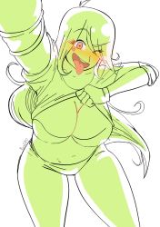 Rule 34 | 1girl, ballmastrz: 9009, breasts, cleavage, duleena duneeda, fingerless gloves, gloves, green hair, heart, heart tattoo, highres, large breasts, long hair, one eye closed, tattoo, thick thighs, thighs, wink