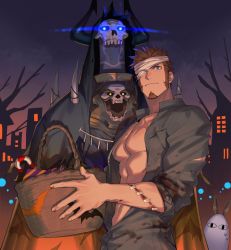 Rule 34 | &lt;o&gt; &lt;o&gt;, 00047, 1boy, 2others, abs, alternate costume, animal ears, armor, bandage over one eye, bandages, bara, bare pectorals, basket, black cloak, black jumpsuit, blood, blood on clothes, blue eyes, brown hair, candy, cloak, closed mouth, cross scar, facial hair, fate/grand order, fate (series), food, ghost costume, glowing, glowing eyes, goatee, halloween, halloween costume, highres, holding, holding basket, horns, jackal ears, jumpsuit, king hassan (fate), large pectorals, looking at viewer, male focus, mask, medjed (fate), multiple others, muscular, muscular male, napoleon bonaparte (fate), night, night sky, open jumpsuit, pectorals, scar, scar on chest, short hair, skull, skull mask, sky