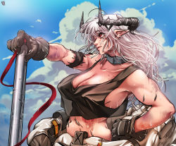 Rule 34 | 1girl, absurdres, arknights, armband, black gloves, black horns, black tank top, breasts, bruise, choker, chtv (tarreban), cleavage, cloud, cloudy sky, collarbone, commentary, covered erect nipples, crop top, crop top overhang, dirty, english commentary, from side, gloves, hand on own hip, highres, horns, injury, large breasts, lips, long hair, messy hair, mudrock (arknights), navel, planted, pointy ears, red eyes, signature, sky, solo, sweat, tank top, toned, upper body, white hair