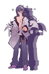 Rule 34 | 1bitheart, 1boy, beaker, blue eyes, blue hair, coat, erlenmeyer flask, flask, floating, floating object, full body, grey legwear, grey pants, jewelry, kuruga kiri, lab coat, long hair, long sleeves, looking at viewer, mad scientist, miwasiba, muscular, muscular male, necklace, no shoes, off shoulder, official art, pants, pectorals, solo, test tube, transparent background, white coat