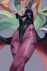 1girl absurdres black_leotard breasts bridal_gauntlets darkstalkers demon_wings green_eyes green_hair highres hyakka_(momokashinryu14) leotard long_hair morrigan_aensland smile solo strapless strapless_leotard wings