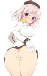 Rule 34 | 10s, 1girl, anus, ass, beret, blush, breasts, cleft of venus, clothes lift, epaulettes, female focus, gloves, hand on ass, hat, kantai collection, kashima (kancolle), large breasts, long sleeves, looking back, no panties, ponpon (tosico), purple eyes, pussy, shirt, silver hair, simple background, skirt, skirt lift, smile, solo, two side up, uncensored, white background, white gloves