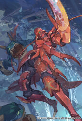 1boy air_bubble armor boston_(romancing_saga_3) bubble commentary_request copyright_notice foot_out_of_frame green_eyes helmet highres knee_pads lobster_boy monster official_art pincers red_armor romancing_saga_3 saga so-taro underwater