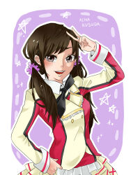 Rule 34 | 1girl, black bow, black bowtie, black eyes, blush, bow, bowtie, brown hair, character name, collared shirt, commentary request, hair ornament, hair scrunchie, hand on own hip, highres, jacket, kashikaze, kusuda aina, long hair, long sleeves, looking at viewer, love live!, love live! school idol project, low twintails, multicolored clothes, multicolored jacket, open mouth, outline, pleated skirt, purple scrunchie, red jacket, scrunchie, shirt, skirt, solo, sore wa bokutachi no kiseki, teeth, twintails, two-tone jacket, upper body, upper teeth only, v, white outline, white shirt, yellow jacket, yellow skirt