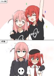 Rule 34 | 2girls, 2koma, age progression, amogan, arm up, beret, black headwear, black hoodie, black shirt, blue eyes, blush, bocchi the rock!, closed eyes, collarbone, collared shirt, comic, commentary request, drooling, gotoh hitori, green eyes, hair between eyes, hand on another&#039;s shoulder, hat, height difference, highres, hood, hoodie, kita ikuyo, long hair, long sleeves, looking at viewer, multiple girls, necktie, one side up, open mouth, pink background, pink hair, red hair, red necktie, shirt, short sleeves, sidelocks, simple background, skull print, sparkle, sweat, translation request, trembling, two-tone background, uneven eyes, upper body, wavy mouth, white background, white shirt, yuri