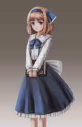 Rule 34 | 1girl, ai hajime, alice margatroid, alice margatroid (pc-98), blonde hair, blue eyes, blue hairband, blue ribbon, blue skirt, blunt bangs, blush, bob cut, book, bow, brown background, buttons, closed mouth, commentary, feet out of frame, frilled ribbon, frilled shirt collar, frilled skirt, frilled sleeves, frills, gradient background, grey background, hair ribbon, hairband, highres, holding, holding book, light smile, long sleeves, looking at viewer, neck ribbon, open collar, out of frame, ribbon, sash, shirt, short hair, skirt, solo, standing, suspender skirt, suspenders, swept bangs, touhou, touhou (pc-98), v arms, white bow, white shirt