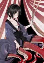 Rule 34 | 1boy, black eyes, black hair, expressionless, highres, japanese clothes, kimono, male focus, monster boy, nipples, octopus boy, original, piko (pixiv), rope, sarashi, sitting, solo, suction cups, tentacles