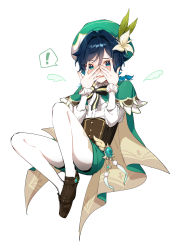 Rule 34 | !, 1boy, androgynous, argyle, argyle clothes, argyle legwear, beret, black hair, blue hair, blush, bow, braid, brooch, collared cape, collared shirt, commentary request, corset, covering face, detached wings, feathers, flower, frilled sleeves, frills, full body, gem, genshin impact, gradient hair, green eyes, green hat, green shorts, hat, hat flower, highres, jewelry, kkopoli, korean commentary, leaf, long sleeves, looking at viewer, male focus, multicolored hair, open mouth, pantyhose, shirt, shoes, short hair with long locks, shorts, side braids, sidelocks, simple background, solo, spoken exclamation mark, twin braids, venti (genshin impact), vision (genshin impact), white background, white flower, white pantyhose, white shirt, wings