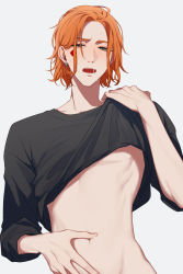 Rule 34 | 13 (bbr584607091), 1boy, abs, black shirt, cater diamond, clothes lift, green eyes, highres, male focus, orange hair, shirt, shirt lift, short hair, stomach, t-shirt, toned, toned male, twisted wonderland