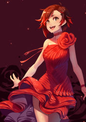 Rule 34 | 1girl, :d, absurdres, bracelet, brown eyes, brown hair, choker, cowboy shot, dress, gradient hair, highres, jewelry, layered dress, multicolored hair, open mouth, parted bangs, red dress, red hair, red ribbon, ribbon, ribbon choker, ruby rose, rwby, short hair, sleeveless, sleeveless dress, smile, solo, splish, standing, strapless, strapless dress, two-tone hair