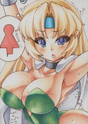 Rule 34 | 1990s (style), 1girl, armpits, blonde hair, blush, breasts, cape, celes chere, choker, cleavage, curvy, female focus, final fantasy, final fantasy vi, headband, large breasts, leotard, long hair, looking at viewer, marker (medium), millipen (medium), open mouth, purple eyes, retro artstyle, simple background, slit pupils, solo, traditional media, uneven eyes, white background, yutakasan-love