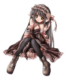 Rule 34 | 1girl, artist request, bare shoulders, between thighs, black hair, brown eyes, elf, frills, goth fashion, gothic lolita, hairband, hand on own chest, lolita fashion, long hair, pointy ears, sitting, skirt, skirt tug, solo, source request, thighhighs, yellow eyes
