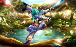 Rule 34 | 1boy, ancesra, animal ear fluff, animal ears, animal hands, animal nose, aqua capelet, armor, arms up, ass, bare shoulders, black gloves, blonde hair, blue sky, body fur, breastplate, bush, capelet, clenched hands, cloud, cornelius (odin sphere), day, faulds, feet, fingerless gloves, flower, from side, furry, furry male, gem, gloves, grey eyes, highres, holding, holding sword, holding weapon, hood, hooded capelet, leg up, light particles, light rays, light trail, lily pad, lotus, male focus, odin sphere, outdoors, outstretched arms, pink flower, pond, pooka (odin sphere), rabbit boy, rabbit ears, rabbit tail, red gemstone, short hair, sky, snout, soles, solo, sparkle, standing, standing on one leg, sunlight, sword, tail, toes, tree, two-tone fur, v-shaped eyebrows, vambraces, water, weapon