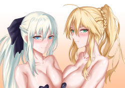Rule 34 | 2girls, absurdres, ahoge, artoria pendragon (fate), artoria pendragon (lancer) (fate), bad id, bad pixiv id, black ribbon, blonde hair, blue eyes, blush, braid, covered erect nipples, fate/grand order, fate (series), green eyes, grey hair, half up braid, heart pasties, highres, morgan le fay (fate), multiple girls, pasties, ponytail with braided base, ribbon, simple background, user eavn3725