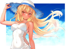 Rule 34 | 1girl, absurdres, alternate costume, arm at side, bare arms, bare shoulders, blonde hair, blue sky, blush, border, breasts, closed mouth, cloud, collarbone, commentary, covered navel, crossed bangs, dark-skinned female, dark elf, dark skin, dress, elf, eyelashes, floating hair, hand on headwear, hat, highres, hololive, long hair, looking at viewer, medium breasts, oniku (o29sukizero), outside border, pointy ears, red eyes, shiranui flare, sidelocks, sky, smile, solo, straw hat, taut clothes, taut dress, upper body, virtual youtuber, white border, white dress, white hat