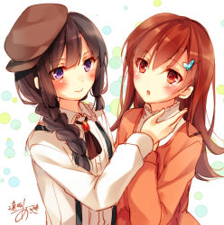 Rule 34 | 10s, 2girls, :o, artist name, black hair, blush, braid, brown eyes, brown hair, butterfly hair ornament, casual, hair ornament, hairclip, hat, kantai collection, kitakami (kancolle), long hair, multiple girls, one-hour drawing challenge, ooi (kancolle), personification, purple eyes, signature, suspenders, toosaka asagi