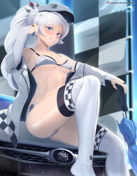 Rule 34 | 1girl, alternate costume, bikini, blue eyes, blush, braid, braided ponytail, breasts, bridal gauntlets, car, checkered clothes, checkered flag, flag, grin, hair ornament, hat, high ponytail, highres, holding, holding umbrella, jacket, long hair, looking at viewer, midriff, motor vehicle, off shoulder, on vehicle, peaked cap, race queen, rwby, scar, scar across eye, scar on face, short shorts, shorts, sitting, small breasts, smile, snowflake print, solo, swimsuit, teeth, thighhighs, thighs, tiara, umbrella, very long hair, vilde loh hocen, weiss schnee, white bikini, white hair, white jacket, white thighhighs