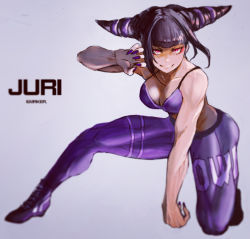 Rule 34 | 1girl, 6maker, absurdres, ankle boots, artist name, blunt bangs, boots, bra, breasts, character name, cleavage, commentary request, fighting stance, fingernails, full body, grey background, hair intakes, han juri, highres, long fingernails, looking at viewer, medium breasts, midriff, muscular, muscular female, nail polish, on one knee, pants, purple bra, purple footwear, purple nails, purple pants, red eyes, sharp fingernails, simple background, solo, spaghetti strap, street fighter, superhero landing, teeth, thick thighs, thighs, tight clothes, tight pants, underwear, veins