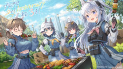 Rule 34 | 4girls, :d, :o, ahoge, animal ears, anniversary, bell pepper slice, black gloves, black hair, blue archive, blue eyes, blue shirt, blue skirt, blue sky, blue sweater, brown hair, cityscape, cloud, cloudy sky, cooking, corn, day, earpiece, eating, fake animal ears, food, gloves, green neckerchief, grill, grilling, halo, helmet, hime cut, hirokazu (analysis-depth), holding, holding food, holding skewer, kebab, leaf, leaf on head, long hair, long sleeves, meat, miyako (blue archive), miyu (blue archive), moe (blue archive), multiple girls, neckerchief, official art, open mouth, outdoors, pink eyes, pink neckerchief, purple eyes, rabbit ears, rabbit platoon (blue archive), round eyewear, saki (blue archive), sausage, school uniform, shirt, short hair, skewer, skirt, sky, smile, sweater, tactical clothes, white hair, yellow neckerchief
