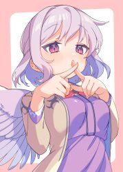 Rule 34 | 1girl, absurdres, angel wings, blush, bow, bowtie, breasts, brooch, closed mouth, dress, e sdss, expressionless, fingernails, from below, grey hair, hands up, highres, jacket, jewelry, kishin sagume, long sleeves, looking at viewer, medium breasts, medium hair, pink background, pink eyes, purple dress, red bow, red bowtie, simple background, single wing, solo, touhou, upper body, wings, x fingers
