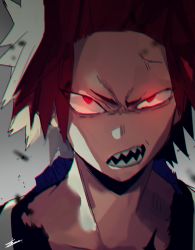 Rule 34 | 10s, 1boy, angry, bad id, bad pixiv id, boku no hero academia, close-up, frown, glowing, glowing eyes, kirishima eijirou, looking at viewer, male focus, open mouth, parted bangs, portrait, red eyes, red hair, sharp teeth, shoco (sco labo), solo, spiked hair, teeth, torn clothes, upper body