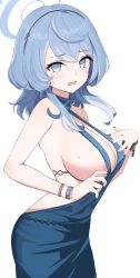 Rule 34 | 1girl, ako (blue archive), ako (dress) (blue archive), areola slip, black hairband, blue archive, blue dress, blue eyes, blue hair, blue halo, blush, breasts, chain, cleavage, cuffs, dress, fingernails, hair between eyes, hairband, halo, handcuffs, highres, large breasts, long hair, nail polish, official alternate costume, open mouth, purple nails, sideboob, simple background, sleeveless, sleeveless dress, solo, towrituka, white background