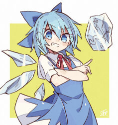 Rule 34 | 1girl, blue bow, blue dress, blue eyes, blue hair, bow, cirno, commentary, crossed arms, detached wings, dress, frozen frog, grin, hair bow, highres, ice, ice wings, looking at viewer, minoru minoru, pointing, short hair, short sleeves, signature, smile, solo, symbol-only commentary, touhou, v-shaped eyebrows, wings, yellow background