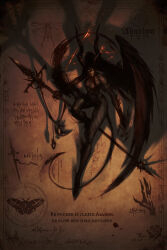 Rule 34 | 1girl, abaddon (mythology), absurdres, bare shoulders, breasts, brown hair, character name, claws, demon girl, demon horns, feathered wings, glowing, glowing eyes, highres, holding, holding polearm, holding weapon, horns, large breasts, large horns, latin text, long hair, looking at viewer, nate rose, original, polearm, scar, shiny skin, single wing, solo, spear, translation request, weapon, wings
