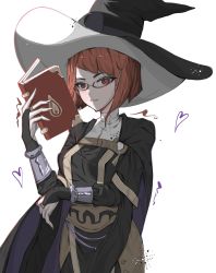 Rule 34 | absurdres, arms up, asymmetrical bangs, book, bracelet, breasts, cape, closed mouth, commission, commissioner upload, fire emblem, fire emblem awakening, glasses, hat, heart, highres, holding, holding book, jewelry, large breasts, leather, looking at viewer, mariirasuto7, miriel (fire emblem), nintendo, non-web source, red eyes, red hair, solo, turtleneck, upper body, witch hat