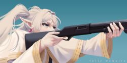 Rule 34 | 1girl, aiming, artist name, blue background, commentary, earrings, english commentary, frieren, green eyes, gun, highres, jacket, jewelry, long hair, pointy ears, pump action, remington 870, shotgun, simple background, solo, sousou no frieren, tellymcguire, weapon, white hair, white jacket
