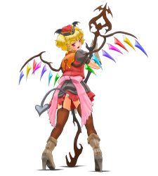 Rule 34 | 1girl, alternate costume, axis fran, back, blunt bangs, boots, brown thighhighs, flandre scarlet, full body, garter straps, hat, head wings, high heel boots, high heels, highres, laevatein (tail), legs apart, red hat, simple background, solo, standing, tail, thigh boots, thighhighs, touhou, white background, wings