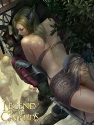 Rule 34 | 1girl, 2boys, animal ears, ass, bare shoulders, blonde hair, boots, unworn boots, copyright name, fantasy, from above, gloves, hammock, legend of the cryptids, multiple boys, tail, tail through clothes, yuizoh