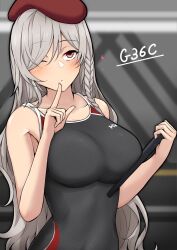 Rule 34 | 1girl, bare shoulders, beret, black one-piece swimsuit, blush, braid, breast press, breasts, commentary request, competition swimsuit, finger to mouth, g36c (girls&#039; frontline), girls&#039; frontline, hair between eyes, hat, heart, highres, holding, holding tablet pc, large breasts, long hair, looking at viewer, mosamosaobake, multicolored clothes, multicolored swimsuit, one-piece swimsuit, one eye closed, red eyes, red hat, solo, swimsuit, tablet pc